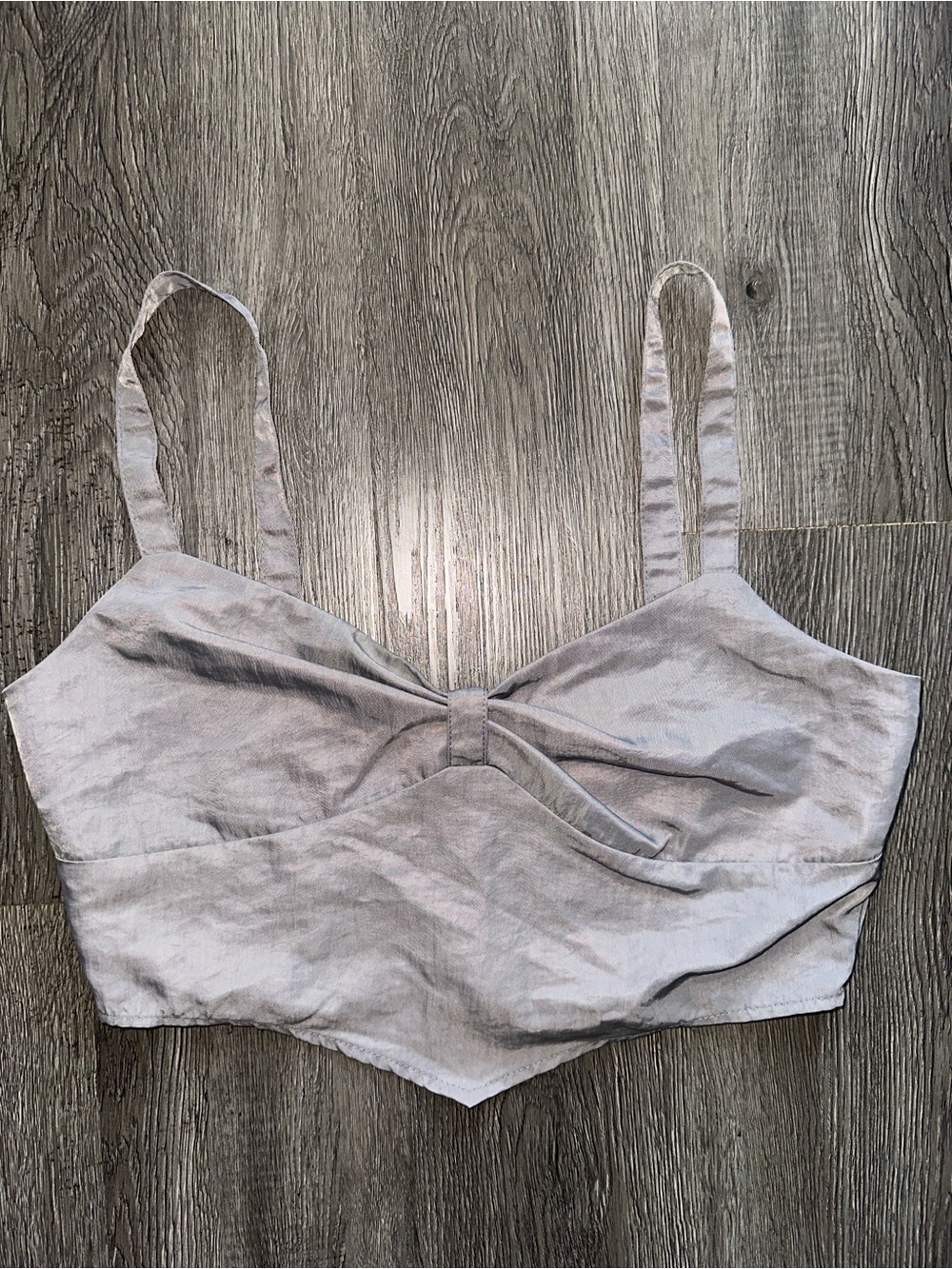 Gray Satin Crop Top with Tie Front
